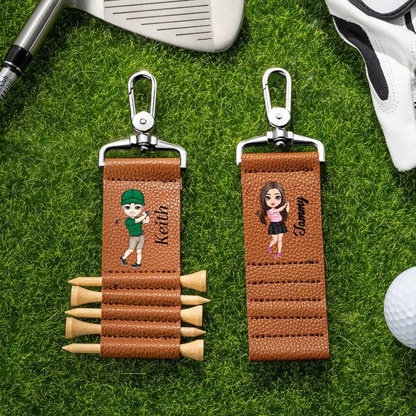 Gepersonaliseerd Cartoon Karakter PU Lederen Golf Tee Houder Zakje Tag met Naam en 5 stuks Bamboo Tees Verjaardag Sport Cadeau voor Golfspeler