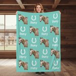Personalised Horseshoe Horse Face Photo Multicolour Soft Throw Blanket with Name Birthday Anniversary Gift for Horse Owner Lover