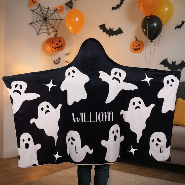 Gepersonaliseerde Schattige Spook Zachte Deken met Capuchon met Naam Halloween Cadeau voor Kinderen Halloween Liefhebbers