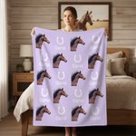 Personalised Horseshoe Horse Face Photo Multicolour Soft Throw Blanket with Name Birthday Anniversary Gift for Horse Owner Lover