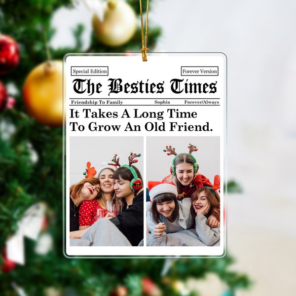Personalized The Besties Times Newspaper Design 4 Photos Acrylic Ornament with Text Tree Decor Christmas Birthday Graduation Gift for Friends