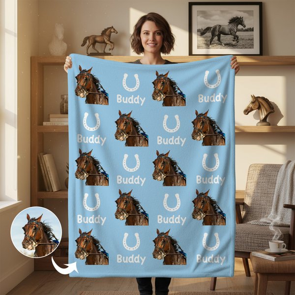 Personalised Horseshoe Horse Face Photo Multicolour Soft Throw Blanket with Name Birthday Anniversary Gift for Horse Owner Lover