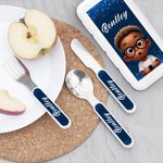 Henkilökohtainen sarjakuva musta poika tyttö haarukka lusikka veitsi 3 kpl ruokailuvälineet asetettu nimi ja asia päivittäiseen käyttöön koulu syntymäpäivälahja lapsille