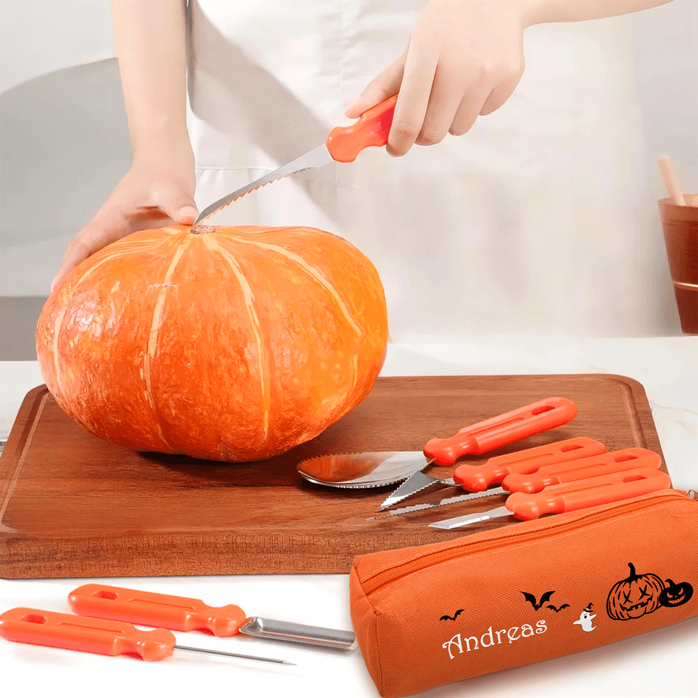 Set 7 pezzi di strumenti per intagliare la zucca di Halloween personalizzati con nome e sacchetto di conservazione