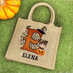 Bolso de yute personalizado con diseño de calabaza y personaje de dibujos animados con nombre e inicial regalo de Halloween para niños