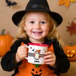 Personalized Cute Ghost Raccoon Pumpkin 12 oz Enamel Mug with Name and Text Trick or Treat Use Halloween Party Gift for Boys Girls