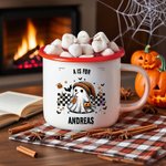 Personalized Cute Ghost Raccoon Pumpkin 12 oz Enamel Mug with Name and Text Trick or Treat Use Halloween Party Gift for Boys Girls