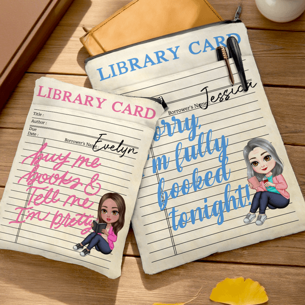 Henkilökohtainen Cartoon Reading Tytön nimi Book Sleeve Cover vetoketjulla ja etutasku syntymäpäivälahja kirjamatojen kirjan ystäville Book Lovers