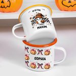 Personalized Cute Ghost Raccoon Pumpkin 12 oz Enamel Mug with Name and Text Trick or Treat Use Halloween Party Gift for Boys Girls