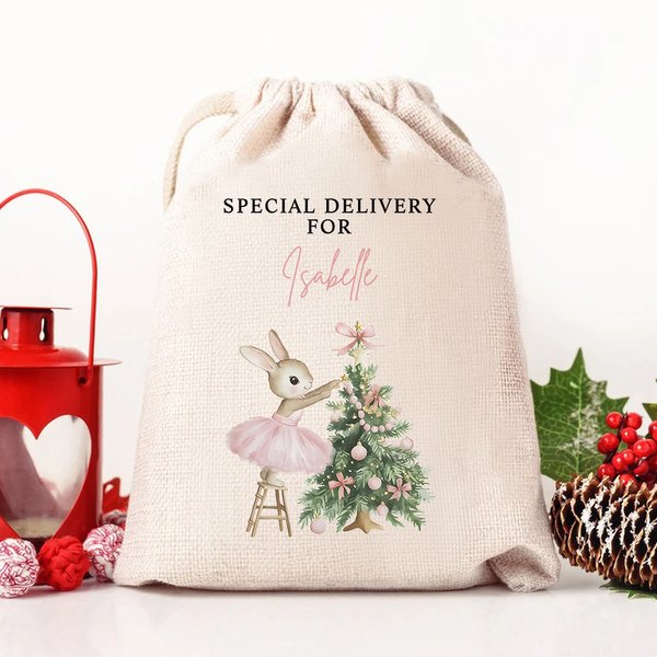 Personalized Christmas Tree Cute Pink Rabbit Santa Sack Gift Bag with Name Christmas Party Favors for Kids Family Friends