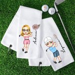 Personalized Birth Flower Cartoon Character Absorbent Waffle Golf Towel with Name And Hanging Clip Sports Accessories Gift for Golf Player