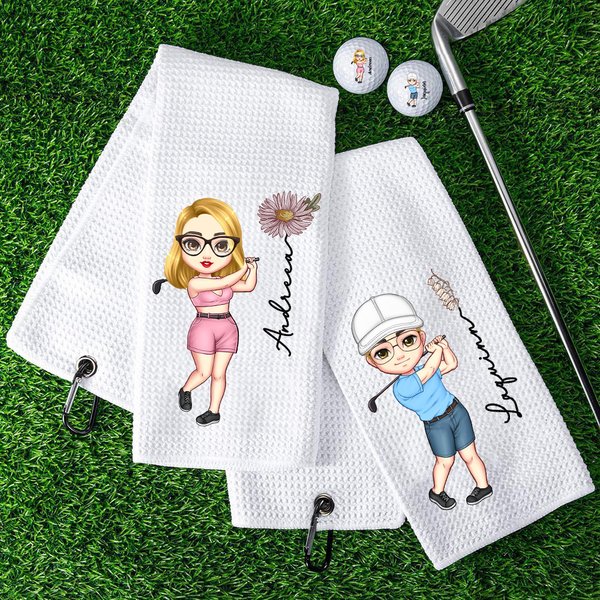 Birth Flower Cartoon Character Waffle Golf Towel - Name Embroidered