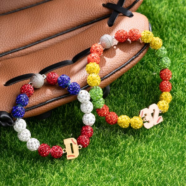 Personalized Baseball Number Initial Rhinestone Beaded Bracelet with Name and Text Game Day Birthday Team Gift for Baseball Lover Player