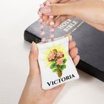 Personalized Birth Flower Cross PU Leather Shrapnel Rosary Pouch Storage Bag with Name Easter Christmas Baptism Gift for Christians