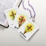 Personalized Birth Flower Cross PU Leather Shrapnel Rosary Pouch Storage Bag with Name Easter Christmas Baptism Gift for Christians