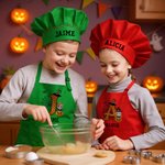Delantal de bruja y sombrero de chef personalizados de dibujos animados con nombre e inicial para uso diario regalo de fiesta de halloween para niños