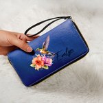 Personalized Hummingbird PU Leather Zipper Wallet with Name and Wrist Strap Birthday Anniversary Gift for Women