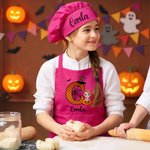Delantal de bruja y sombrero de chef personalizados de dibujos animados con nombre e inicial para uso diario regalo de fiesta de halloween para niños