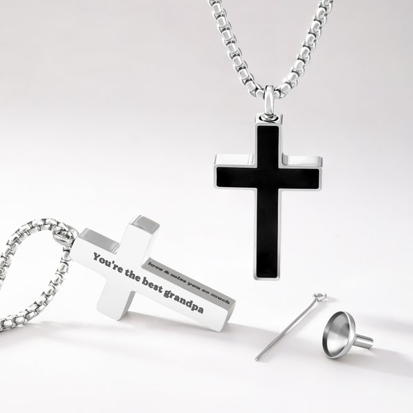 Personalized 1-3 Sides Text Urn Cross Necklace Cremation Sympathy Memorial Gift for Women Men