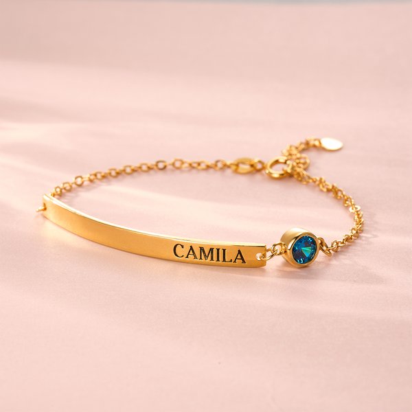 Personalised Engraved Name Bar Bracelet with Birthstone Minimalist Jewellery Birthday Anniversary Gift for Woman