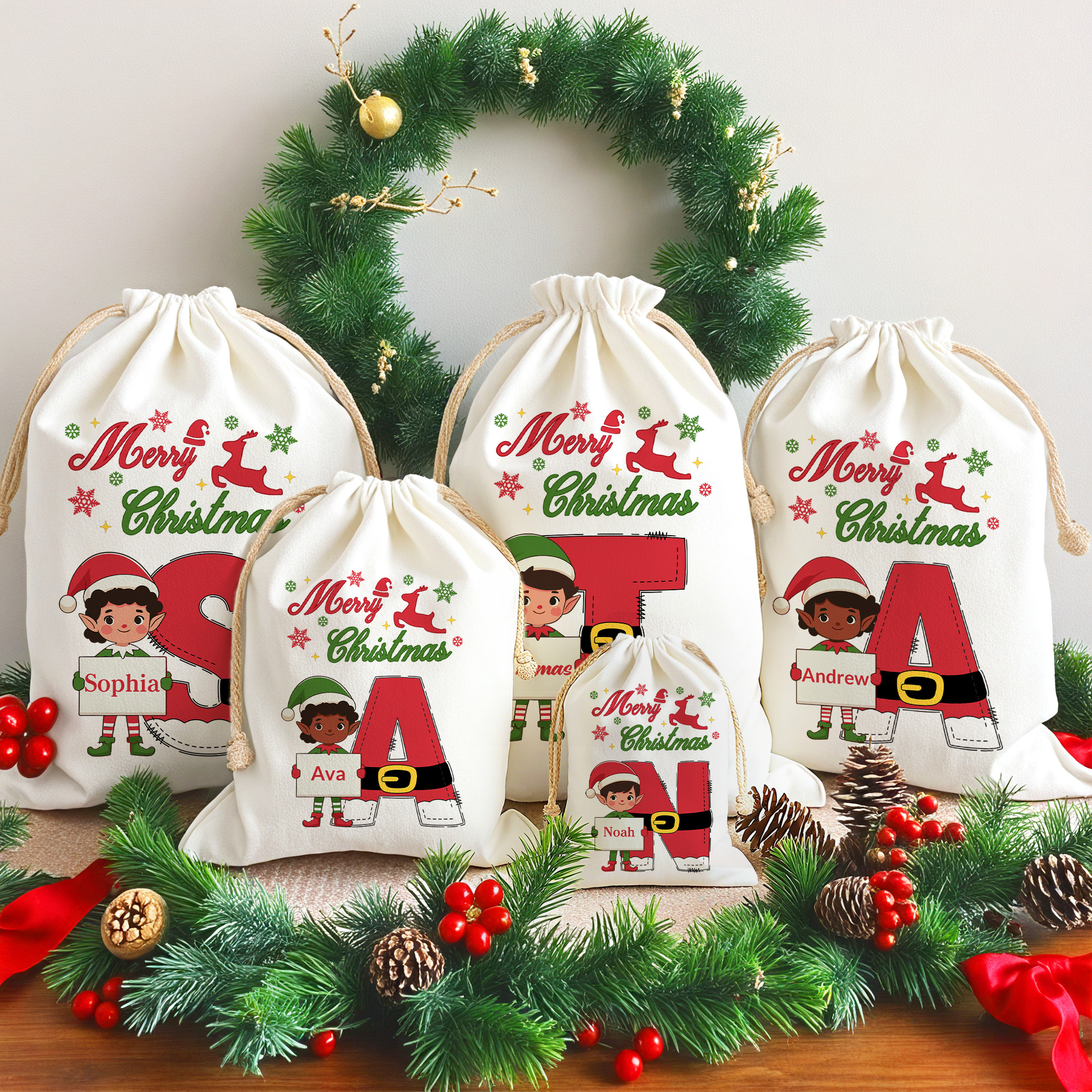 Sac de Noël personnalisé en toile avec nom et initiales Cadeau de Noël pour enfants Famille