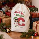 Personalised Christmas Elf Drawstring Canvas Gift Bag with Name and Initial Christmas Party Gift for Kids Family