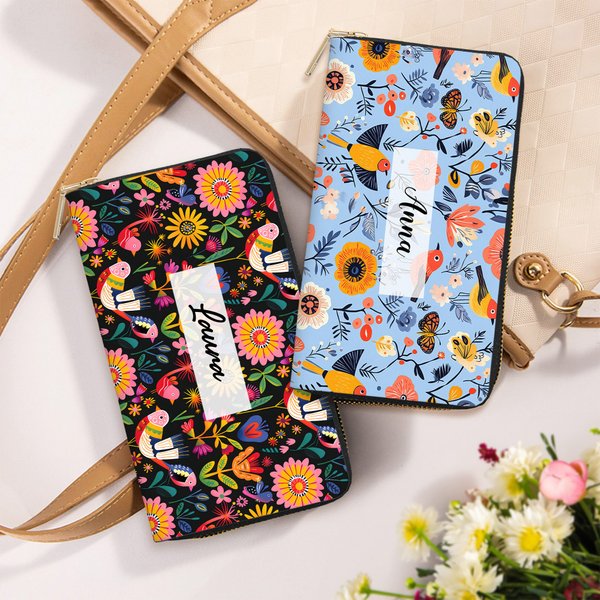 Personalisierte Volkskunst-Blume PU-Leder Brieftasche mit Namen Mehreren Fächern und Metall-Reißverschluss Geburtstag Jahrestag Geschenk für Damen