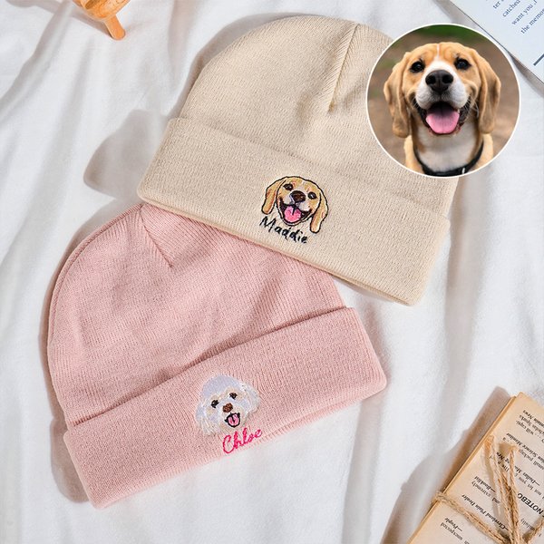 Personalised Cute Embroidered Pet Face Photo Warm Knitted Beanie Hat with Name Winter Accessories Pet Memorial Birthday Gift for Pet Lover Owner
