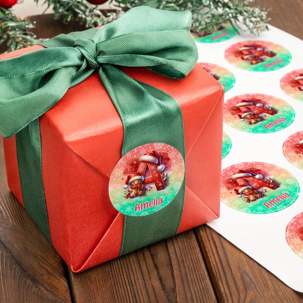 Personalized Cute Reindeer Santa Claus Multicolor Waterproof Stickers Labels with Name and Initial Gift Decor Christmas Party Favors for Family Kid