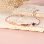 Personalised Engraved Name Bar Bracelet with Birthstone Minimalist Jewellery Birthday Anniversary Gift for Woman