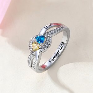 Personalised Heart Birthstones Zircon Twisted Band Ring with Engraved Name and Text Dainty Jewellery Birthday Anniversary Gift for Women