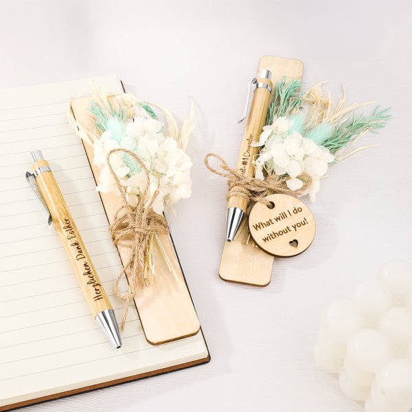 Personalised Dried Flower Wooden Pen with Engraved Text and Hang Tag Wedding Anniversary Birthday Gift for Girls Women