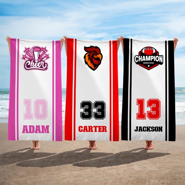 Serviette de plage en microfibre douce à séchage rapide avec nom et numéro Logo d'équipe personnalisé Accessoires de fête d'anniversaire Cadeau d'équipe pour les amoureux du sport