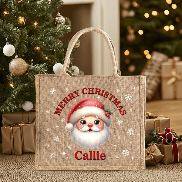 Personalised Cute Cartoon Santa Claus Large Jute Tote Bag with Name Daily Use Christmas Party Gift for Family