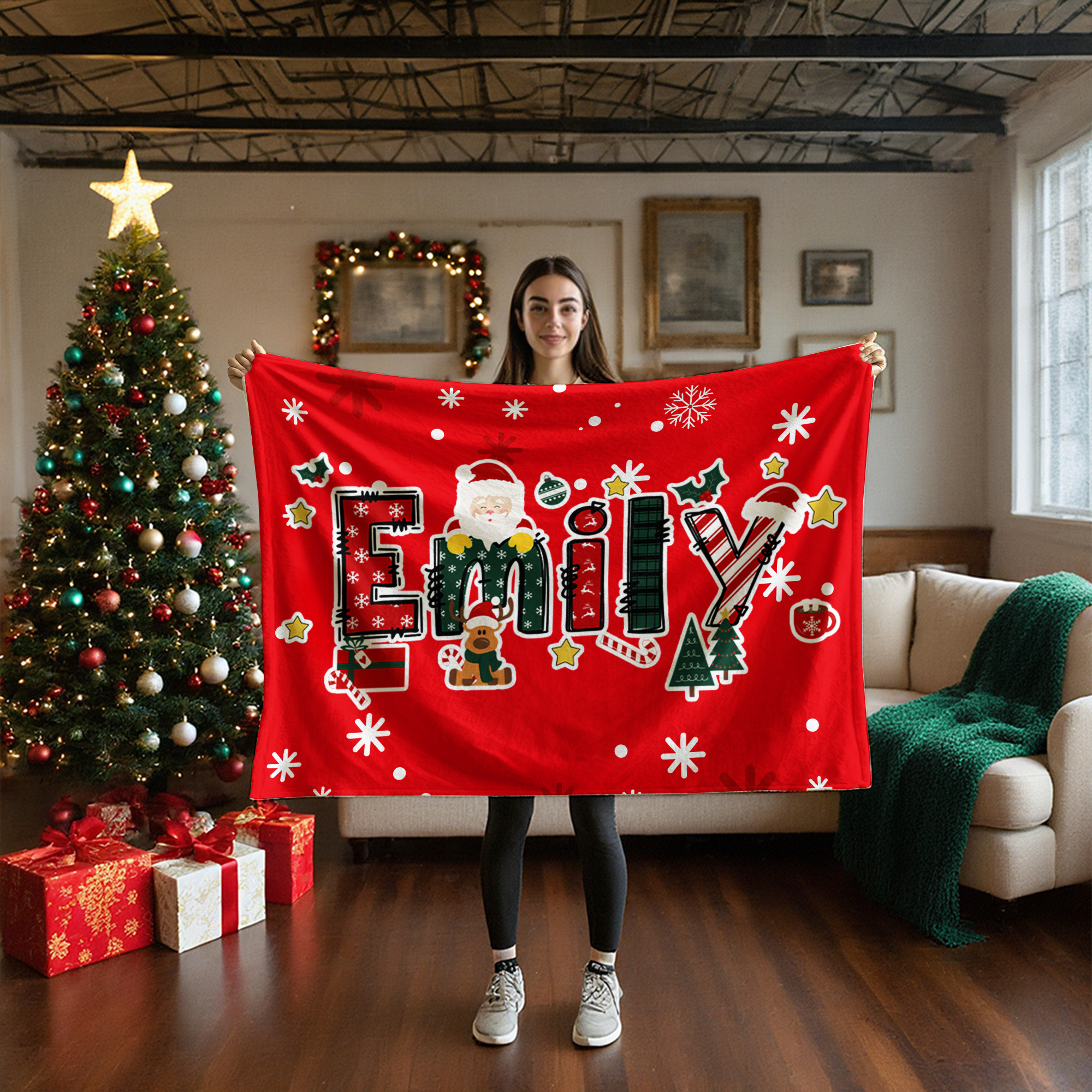 Renne de Noël personnalisé Nom du Père Noël Couverture douce Décoration de la maison Cadeau de fête de Noël pour les enfants Famille Amis