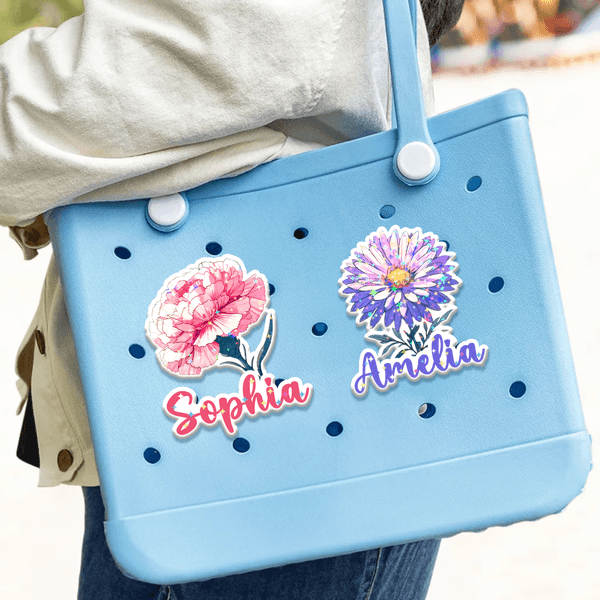 Personnalisé naissance fleur paillettes étoiles nom bouton étiquette sac breloque accessoires anniversaire cadeau de Noël pour les femmes