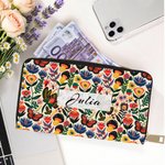 Personalisierte Volkskunst-Blume PU-Leder Brieftasche mit Namen Mehreren Fächern und Metall-Reißverschluss Geburtstag Jahrestag Geschenk für Damen