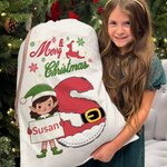 Personalised Christmas Elf Drawstring Canvas Gift Bag with Name and Initial Christmas Party Gift for Kids Family