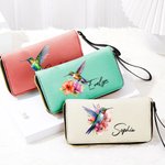 Personalized Hummingbird PU Leather Zipper Wallet with Name and Wrist Strap Birthday Anniversary Gift for Women