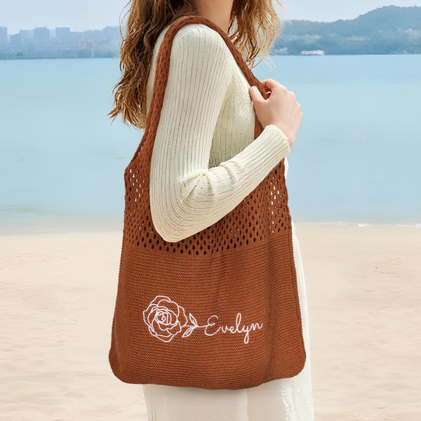 Personalised Retro Embroidered Birth Flower Crochet Mesh Tote Bag with Name Summer Beach Travel Birthday Gift for Women