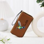 Personalized Hummingbird PU Leather Zipper Wallet with Name and Wrist Strap Birthday Anniversary Gift for Women