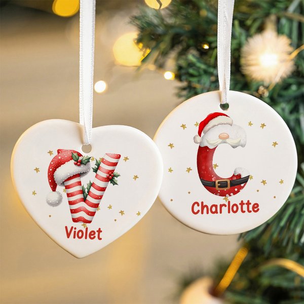 Personalized Santa Claus Candy Cane Initial Round Heart Christmas Ornaments with Name and Lanyard Home Decor Christmas Gift for Family