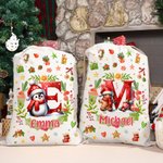 Personalized Snowman Reindeer Penguin Christmas Initial Drawstring Christmas Gift Bag with Name Christmas Eve Party Gift for Kids Family Friends