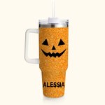 Bicchiere personalizzato da 1180 ml ad effetto glitter con nome e faccia di zucca divertente regalo di Halloween per amici e familiari