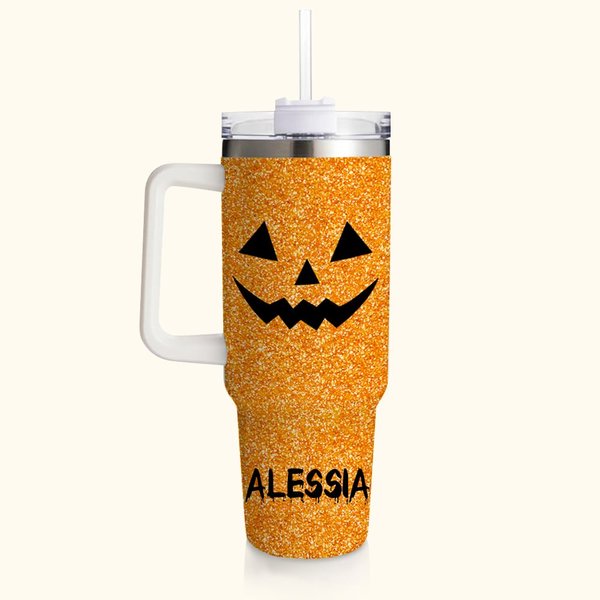 Bicchiere personalizzato da 1180 ml ad effetto glitter con nome e faccia di zucca divertente regalo di Halloween per amici e familiari
