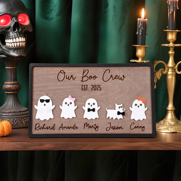 Personalised Our Boo Crew Ghost Family Halloween Wooden Sign with 2-7 Engraved Name and Year Home Decor Halloween Gift for Family Friends