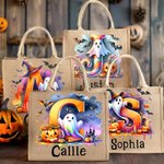 Personalized Ghost Pumpkin Initial Jute Tote Bag with Name Trick or Treat Activity Halloween Gift for Boys Girls