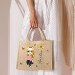 Personifierad söt tecknad kvinna flicka födelseblomma jute toteväska med namn bröllop födelsedag mors dag present till henne