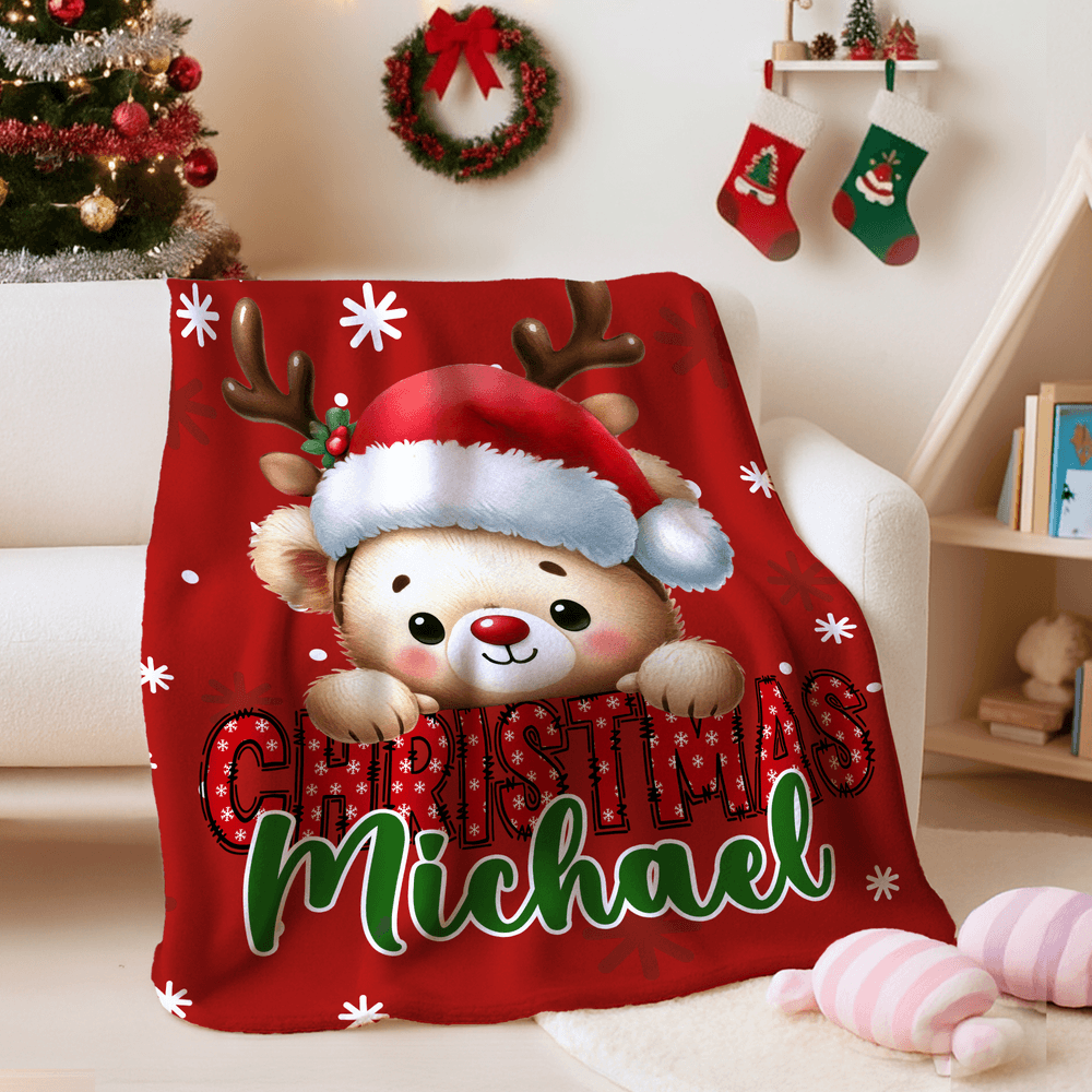 Personalisierte Weihnachtsmütze mit Namen – Hirsch, Einhorn & niedliche Tiermotive, weiche Decke