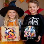 Personalized Ghost Pumpkin Initial Jute Tote Bag with Name Trick or Treat Activity Halloween Gift for Boys Girls